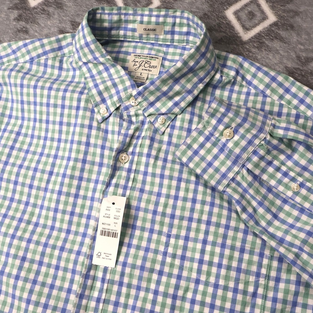 J.Crew Mens Secret Wash Gingham Stretch Shirt AU469 Green Blue Large Classic Fit
